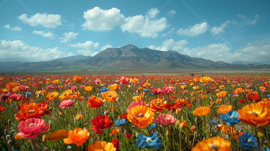 Campo de flores silvestres coloridas laranja vermelho azul rosa com montanhas e céu azul