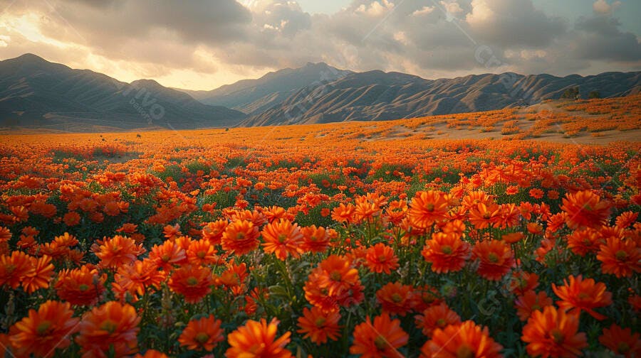 Campo de flores laranja vibrantes com montanhas ao fundo ao amanhecer