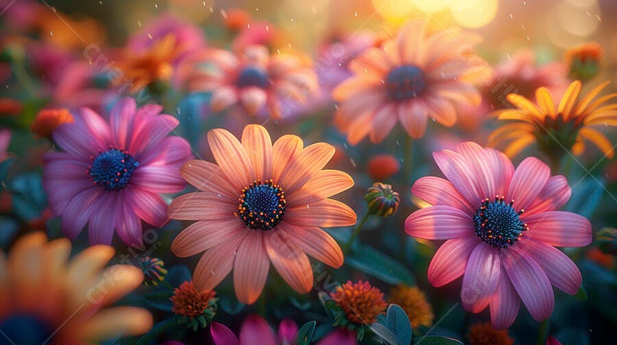 Flores coloridas vibrantes em um jardim ensolarado com brilho de luz dourada