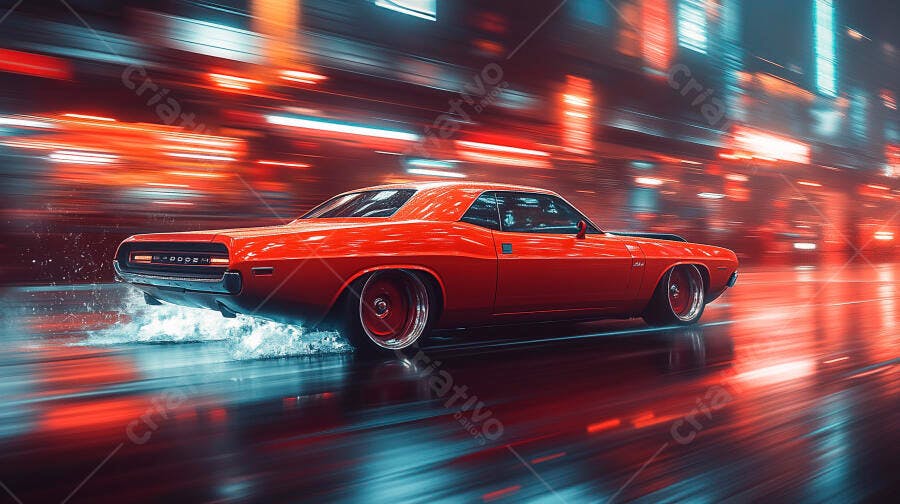 Carro esportivo vermelho clássico em alta velocidade na rua molhada à noite