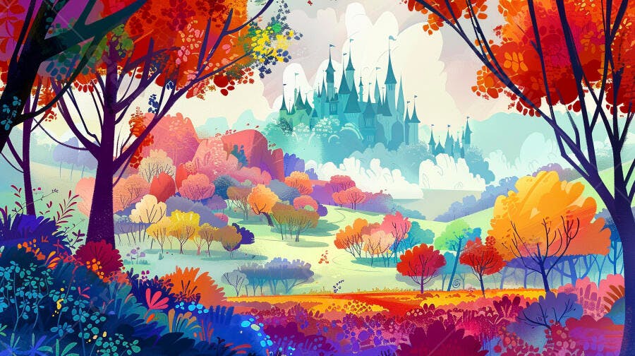 Castelo de conto de fadas em paisagem vibrante com árvores coloridas de outono