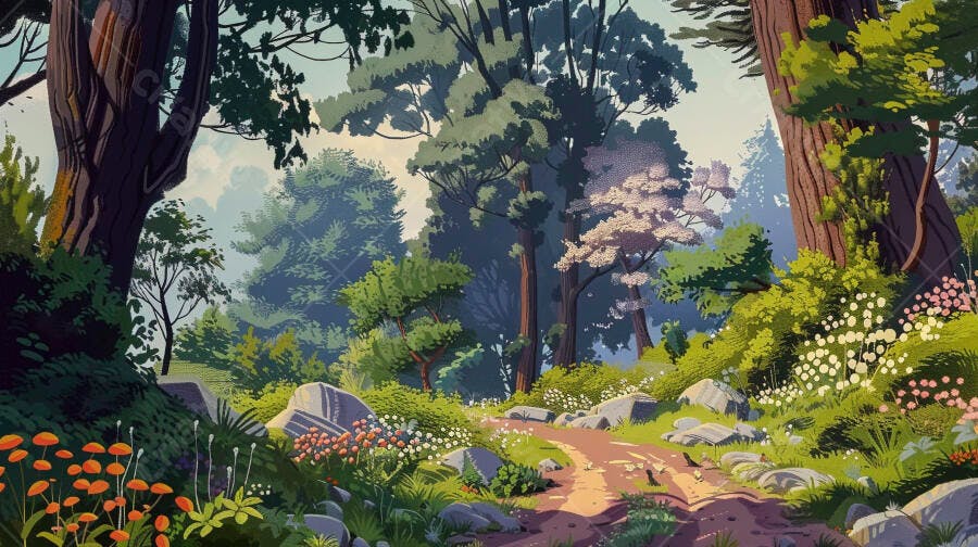 Floresta exuberante com caminho de terra e flores coloridas