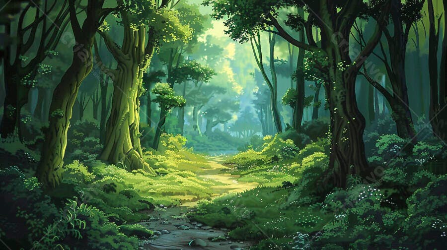 Floresta verde vibrante caminho natural luz mágica e vegetação exuberante