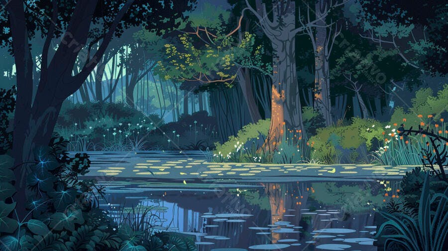 Floresta noturna com lago e reflexos de luz em ambiente mágico