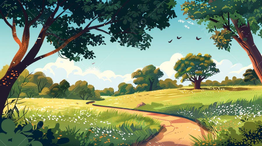 Paisagem campestre ensolarada com caminho entre árvores e flores brancas