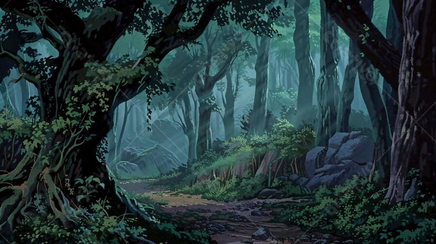 Floresta ilustrada verde azulada com raios de sol e caminho misterioso