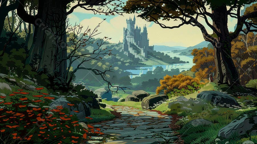 Castelo medieval em floresta outonal com caminho de pedra e fungos vermelhos