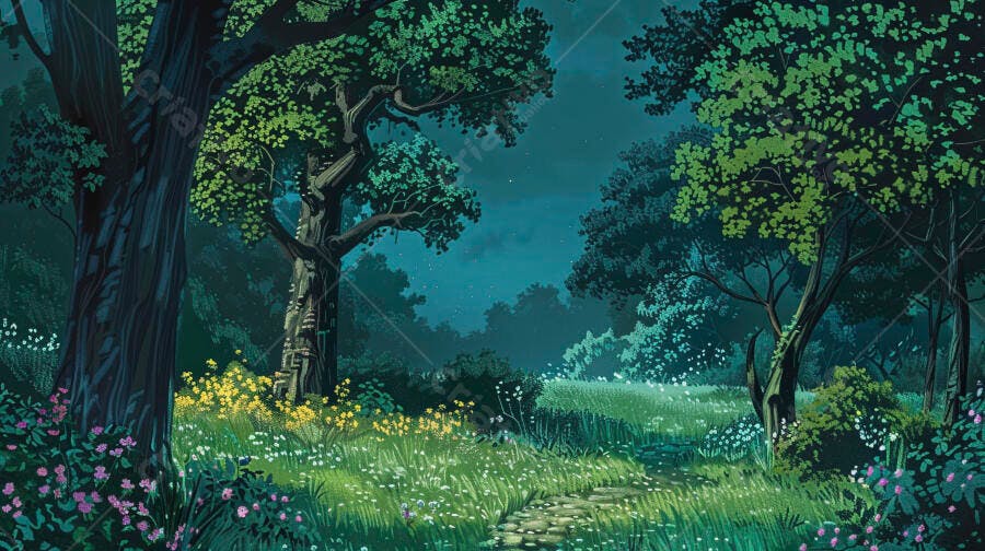 Floresta encantada à noite caminho de pedras e flores silvestres