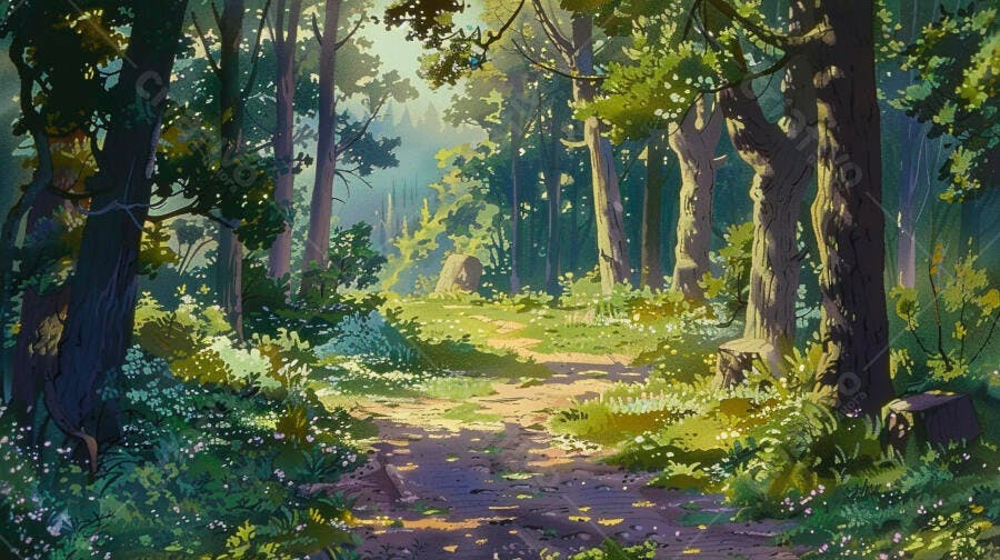 Caminho na floresta iluminado pelo sol entre árvores verdes e flores brancas