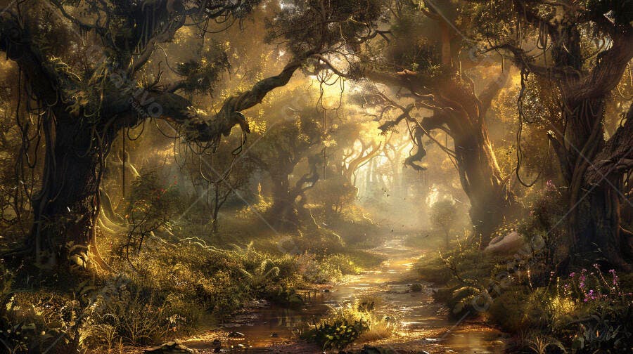 Floresta encantada com riacho e raios de sol dourados na mata densa