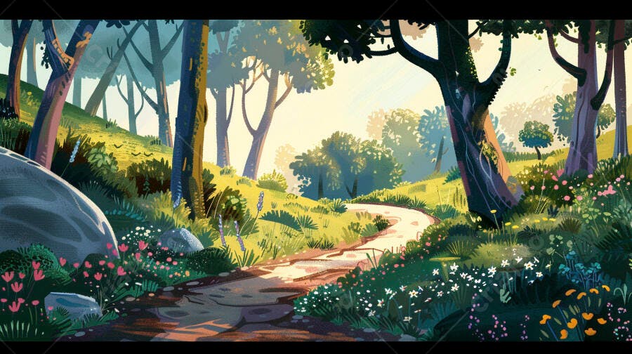 Trilha sinuosa em floresta com flores coloridas e luz do sol suave