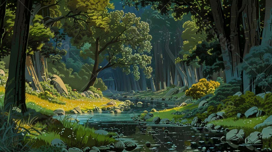 Rio serpenteando por floresta vibrante com luz solar e árvores altas