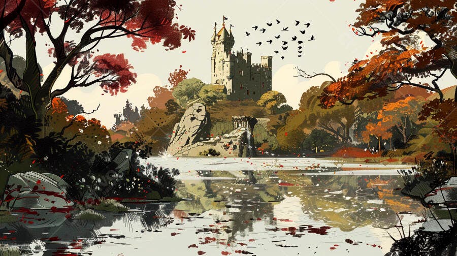 Castelo medieval em paisagem outonal com lago e pássaros voando