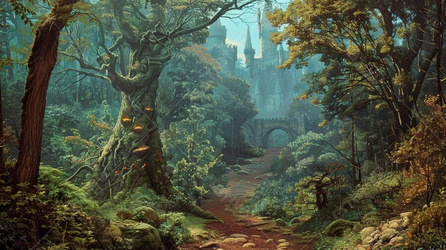 Floresta mágica com caminho castelo medieval e árvore antiga brilhante