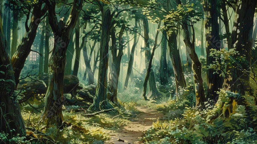 Caminho na floresta densa com luz dourada filtrada e vegetação exuberante