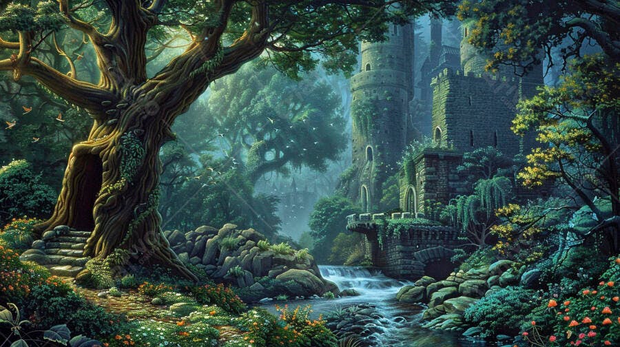 Castelo antigo e árvore mágica em floresta encantada com rio e névoa