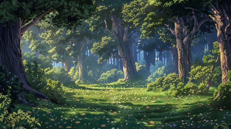 Bosque ensolarado com árvores frondosas e flores silvestres em clareira
