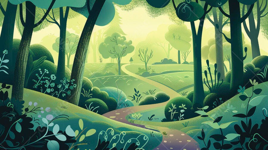 Floresta ilustrada verde com caminho sinuoso e luz suave