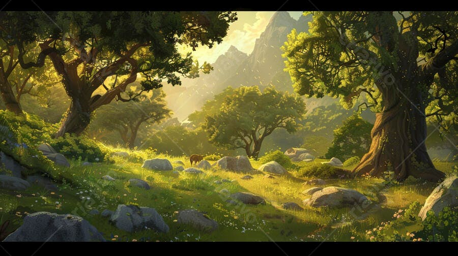 Floresta mística com cervo e árvores antigas ao amanhecer