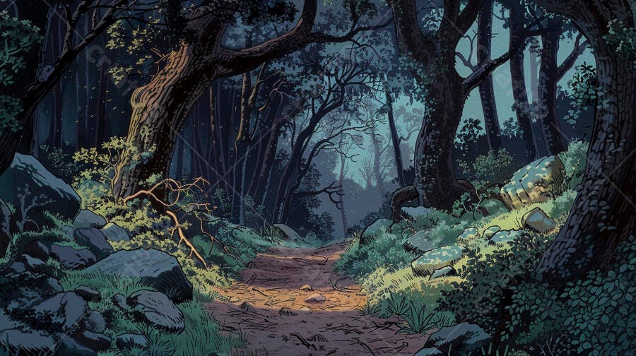 Caminho florestal sombrio com luzes misteriosas estilo anime