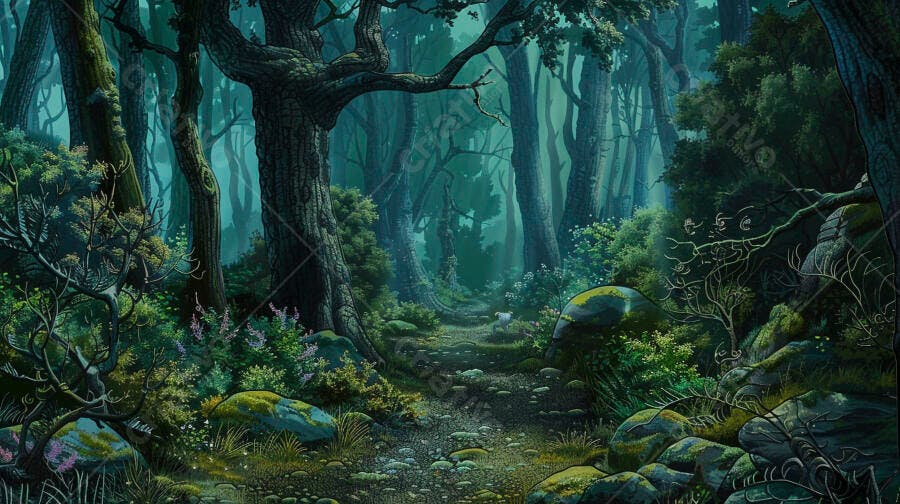 Floresta encantada sombria caminho entre árvores antigas musgo e névoa azul