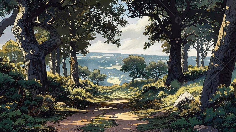 Caminho na floresta com luz do sol entre árvores e vista para vale distante