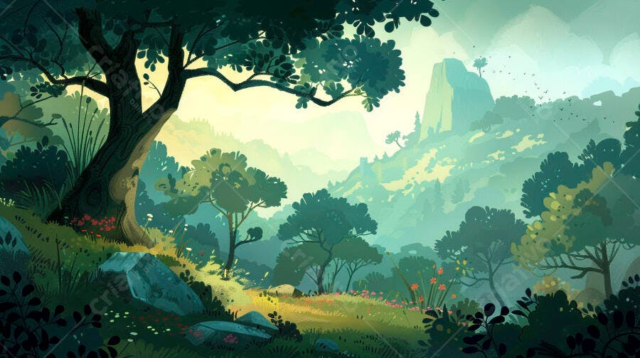 Floresta encantada com luz solar e montanhas distantes ilustração vibrante
