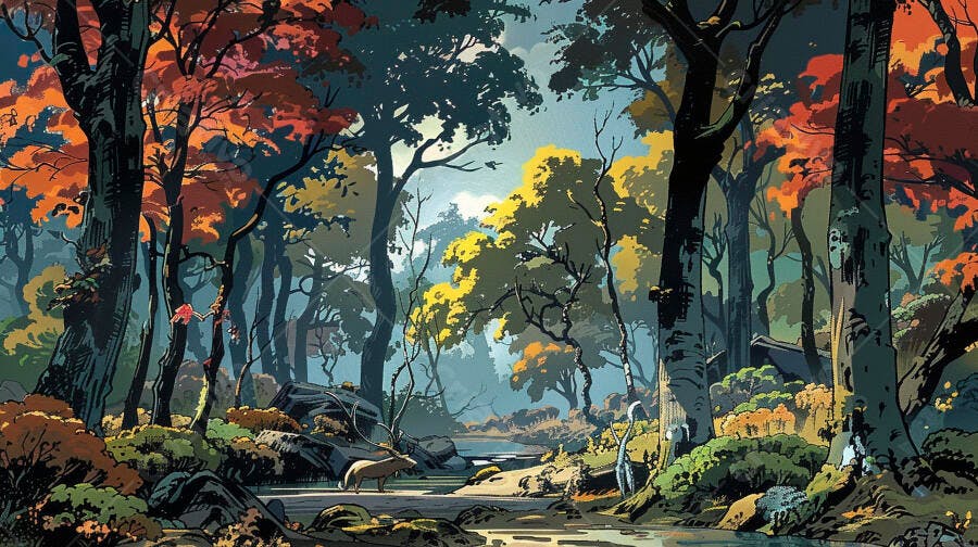 Cervo em floresta outonal riacho ilustração vibrante cores de outono