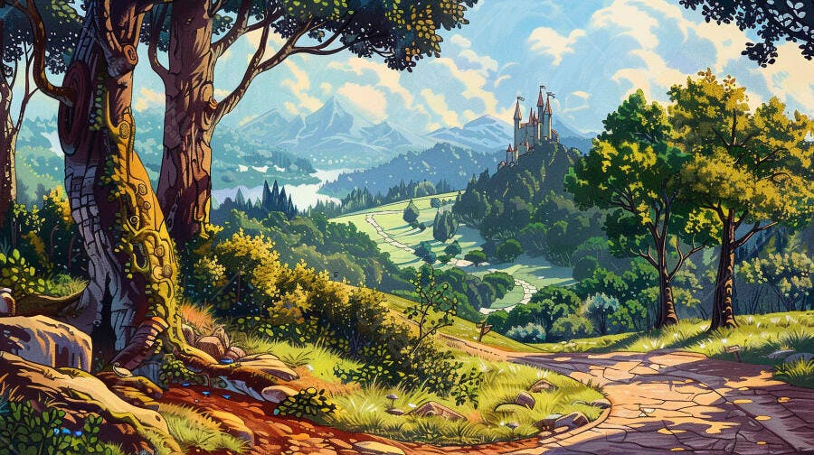 Castelo de contos de fadas em vale verde com caminho e floresta vibrante
