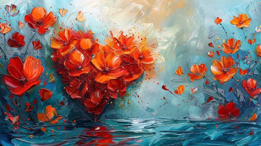 Coração de flores vibrantes vermelho e laranja pintura abstrata