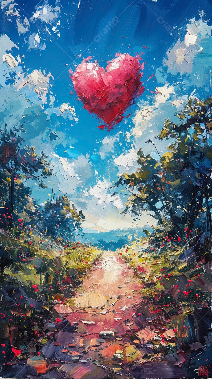 Coração vermelho flutuando sobre caminho na paisagem pintada a óleo com céu azul