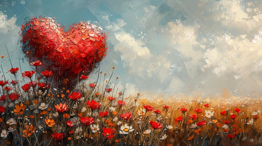 Coração vermelho vibrante em campo de flores coloridas sob céu azul