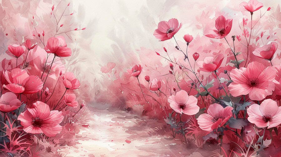 Flores rosa vibrantes em aquarela com caminho de jardim suave