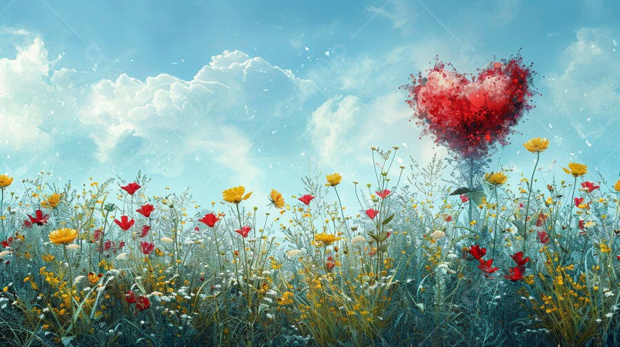 Campo florido vibrante com coração vermelho no céu azul primaveril