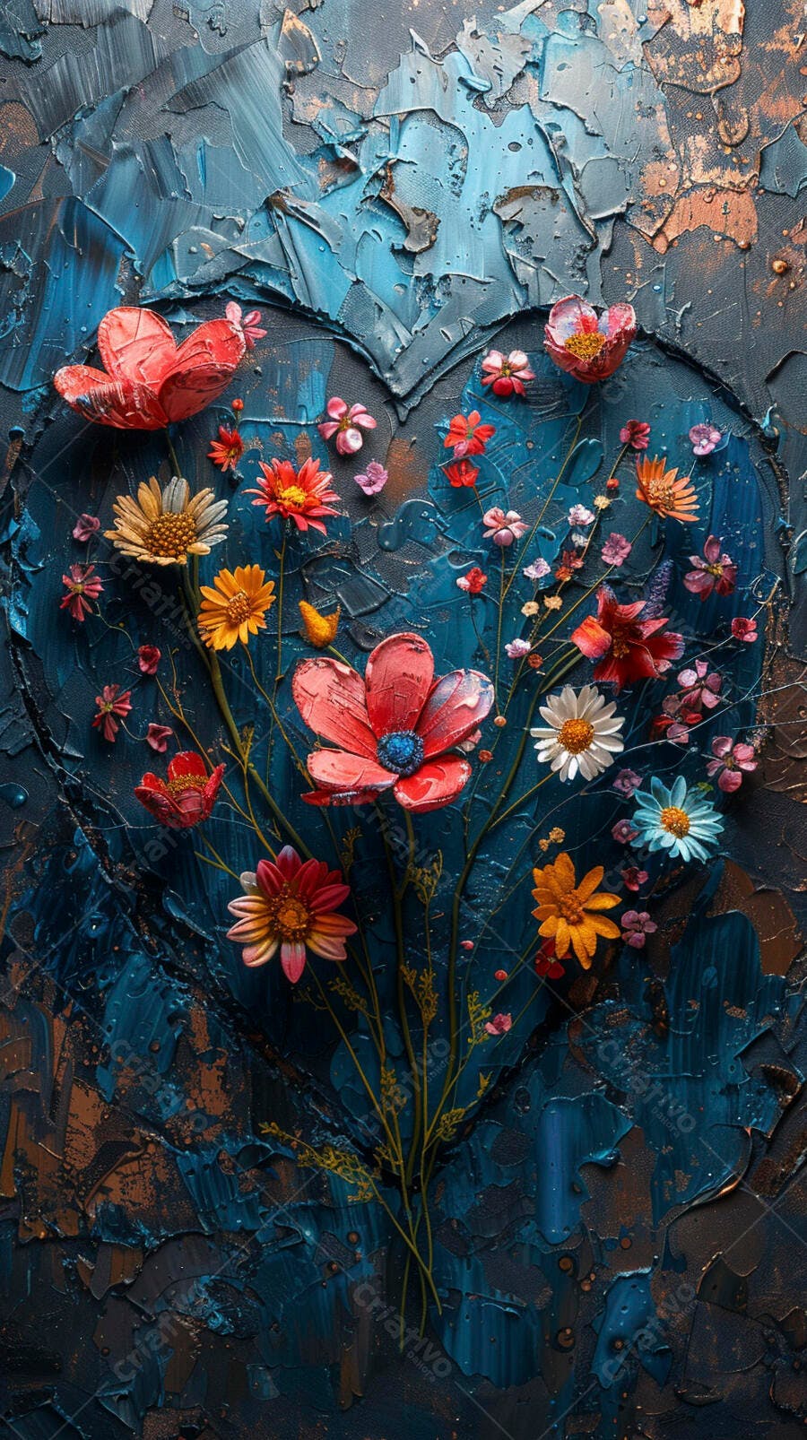 Arranjo floral de coração com flores coloridas em pintura a óleo texturizada azul