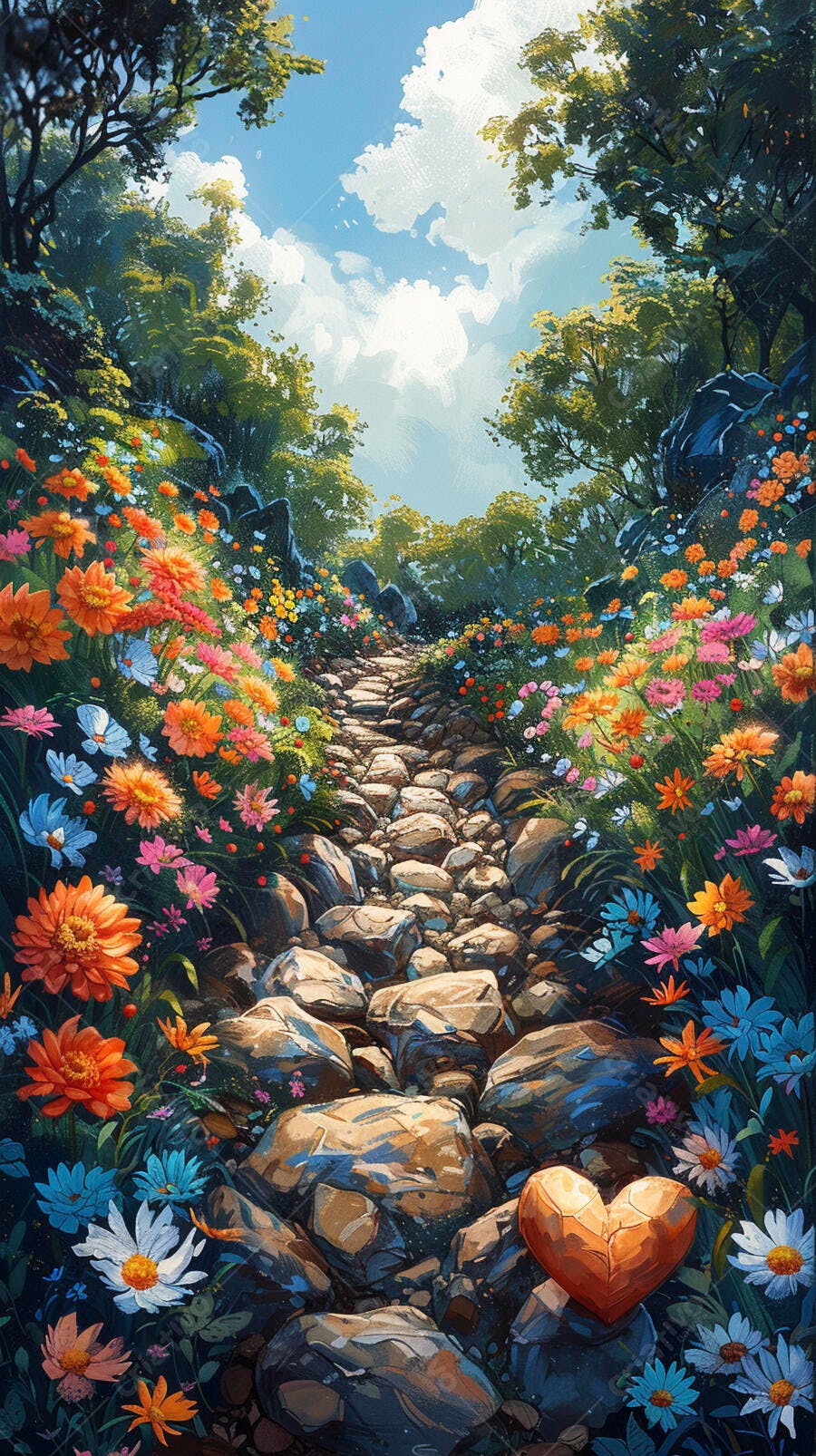 Caminho de pedras florido em floresta colorida sob céu azul com coração laranja