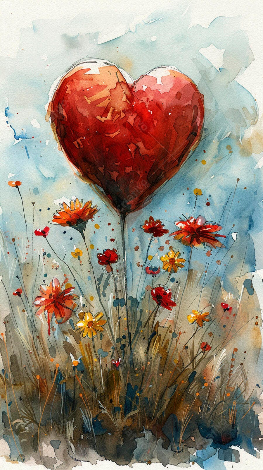 Coração vermelho de aquarela flutuando sobre campo de flores coloridas