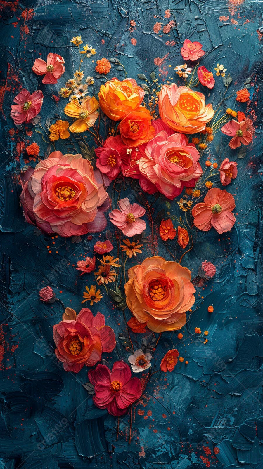 Pintura impasto floral vibrante com rosas laranjas e corais em fundo azul escuro