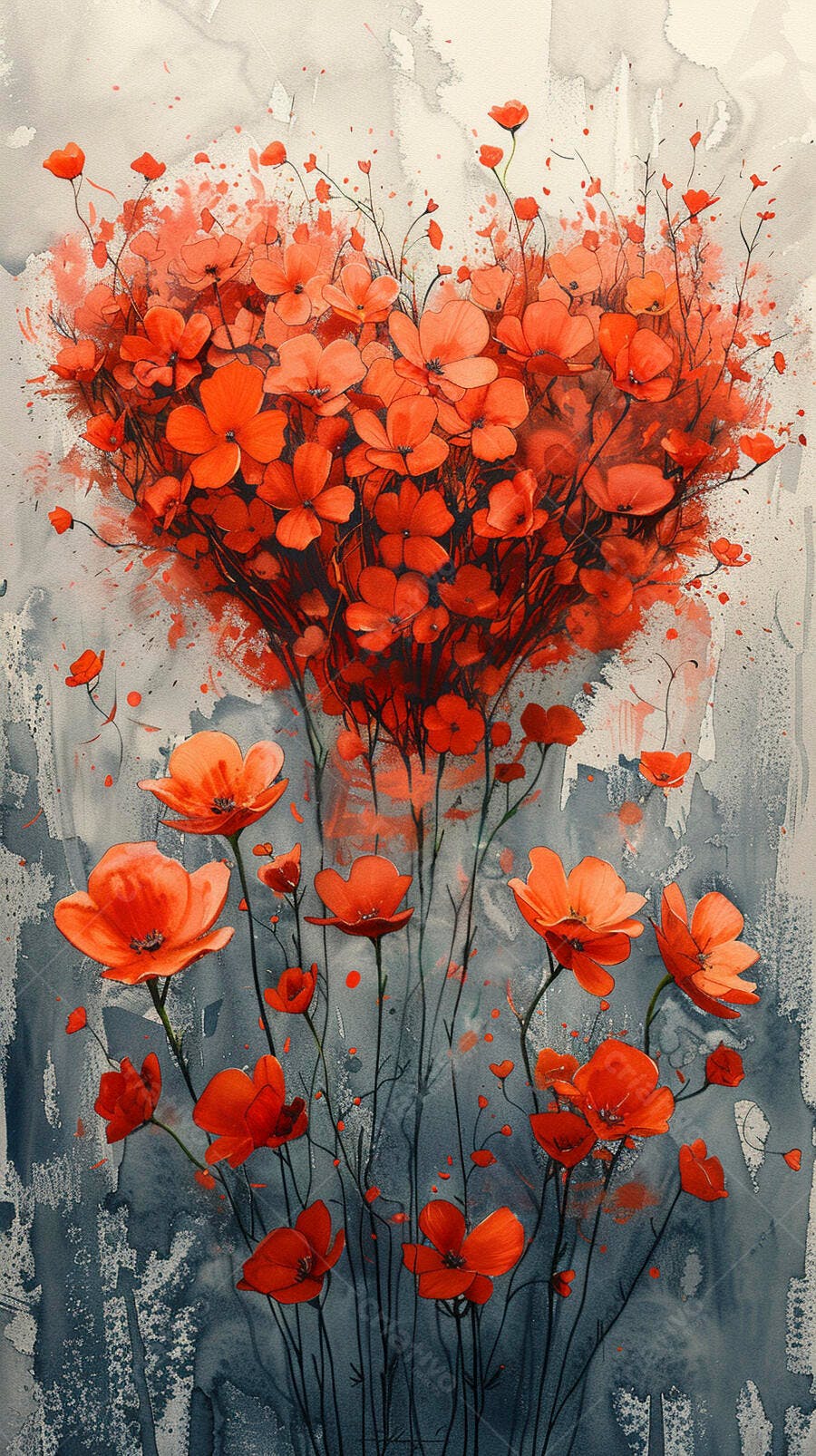 Pintura abstrata de flores vermelhas vibrantes em aquarela sobre fundo cinza