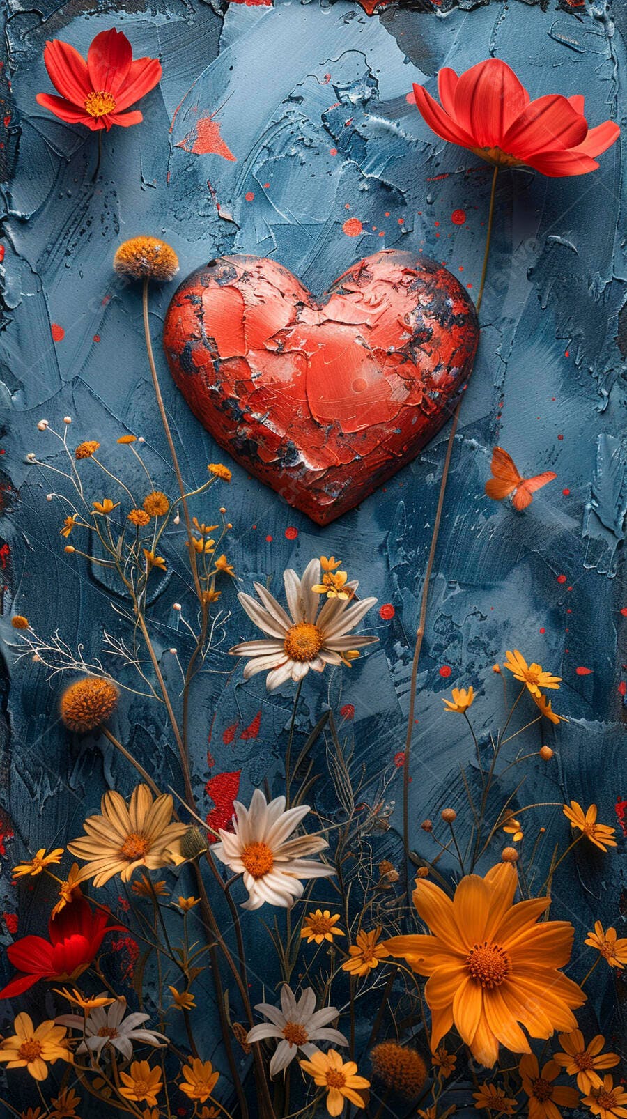 Coração vermelho texturizado com flores vibrantes em fundo azul artístico