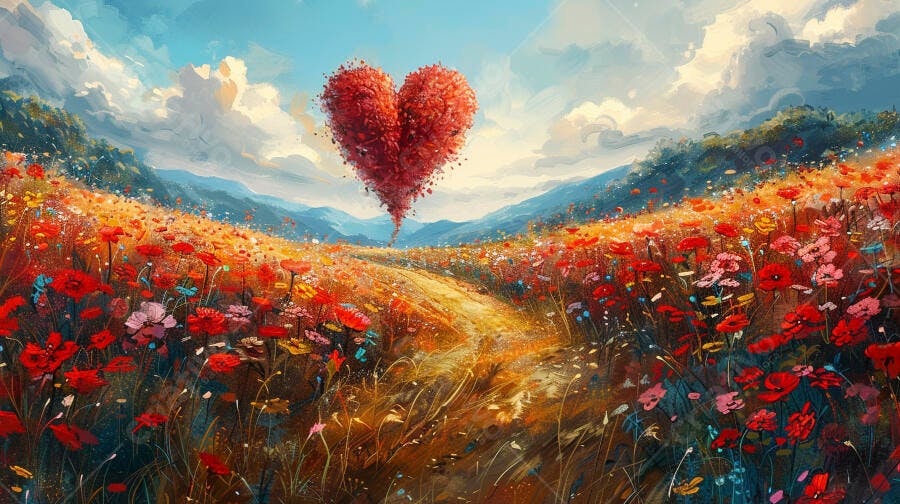 Coração vermelho em campo de flores vibrantes com caminho e montanhas