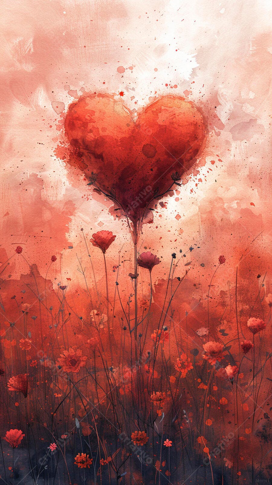Coração vermelho em aquarela artística brotando de campo de flores