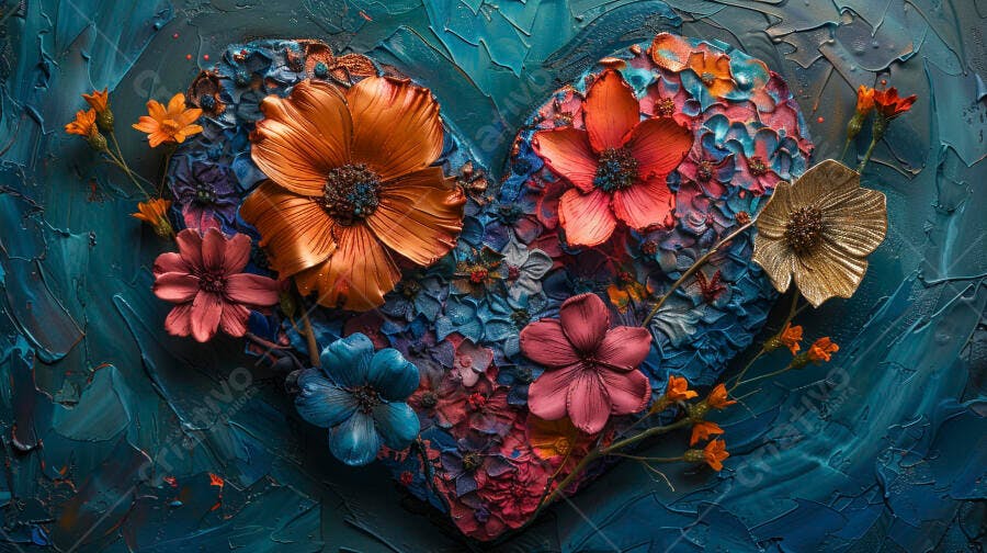 Coração floral abstrato com textura de tinta azul laranja e rosa