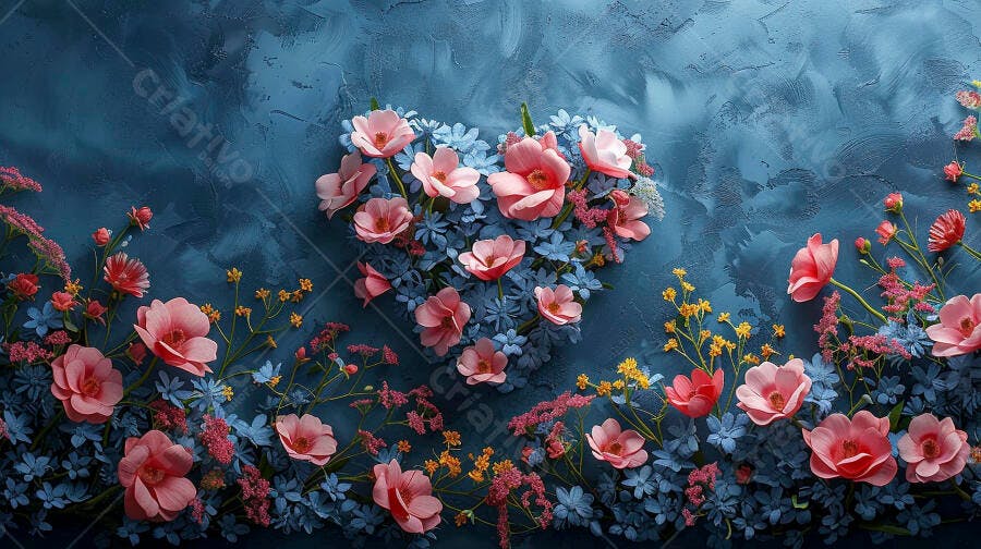 Arranjo floral coração rosa azul em fundo texturizado escuro