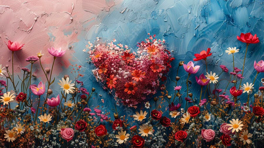 Coração de flores vibrantes sobre fundo texturizado rosa e azul arte digital