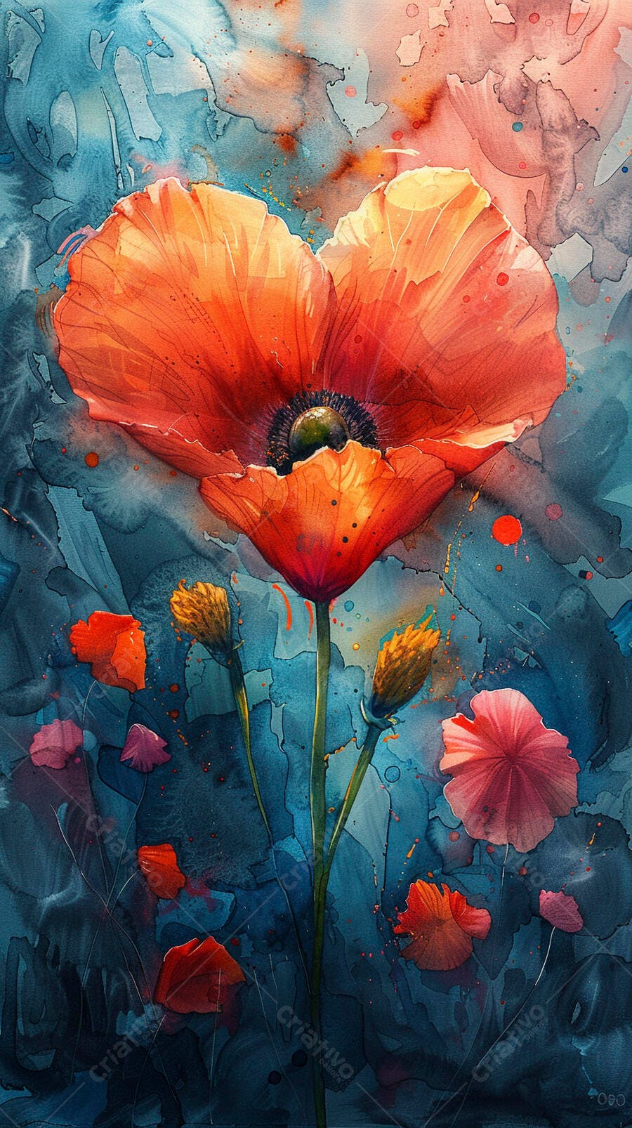 Flor de papoula laranja em aquarela vibrante com fundo azul profundo
