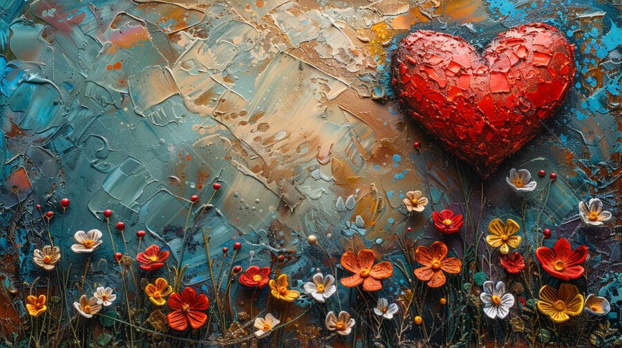 Coração vermelho vibrante e flores texturizadas em pintura a óleo abstrata