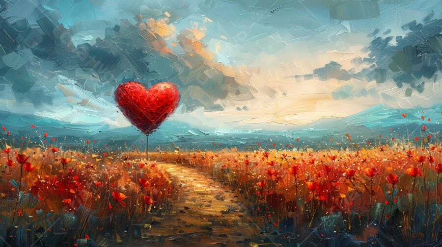 Coração vermelho em campo de papoulas caminho campestre pintura a óleo