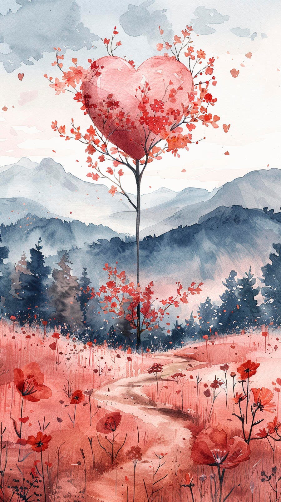 Árvore coração em florada vermelha paisagem de montanhas azuis e campo aquarela
