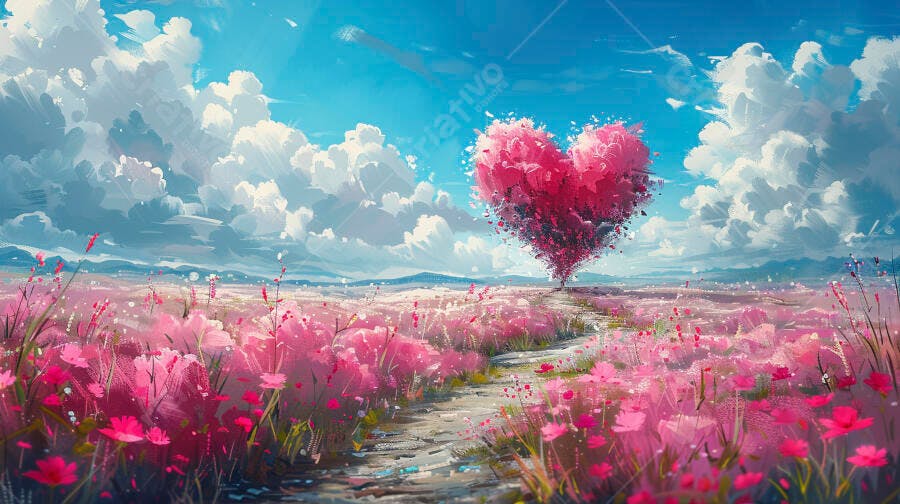 Árvore coração rosa em campo de flores vibrantes sob céu azul com nuvens